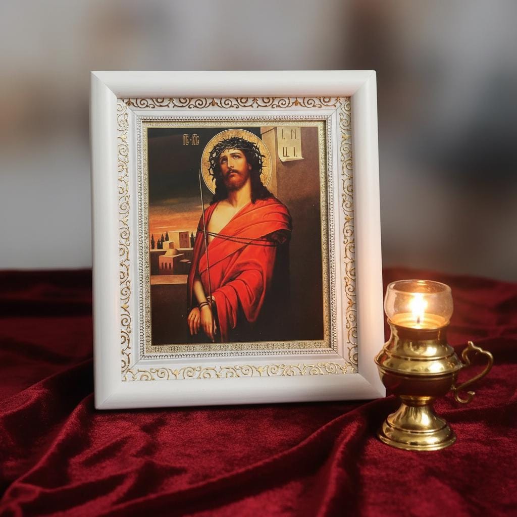 Orthodox Icon Jesus Christ 15x18 cm in White Wooden Kiot 21x24 cm, Hanging Icon, Orthodox Christian Gift, Icon in a Frame