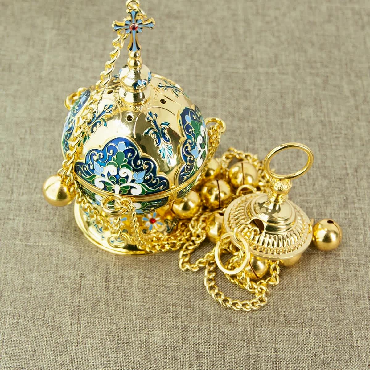Orthodox Hanging Censer 25.6in | Brass Church Incense Burner with Bells | Enamel Design in Blue or Pink
