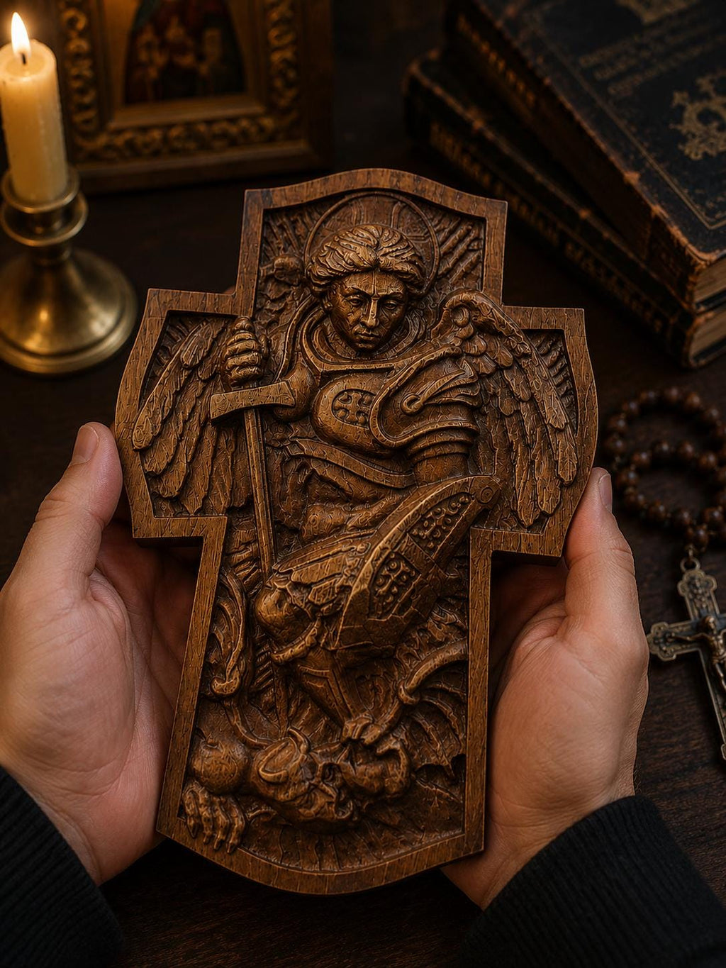 Wood Carved Archangel Michael Cross, Beech Wood Wall Cross, 7.9–19.7in
