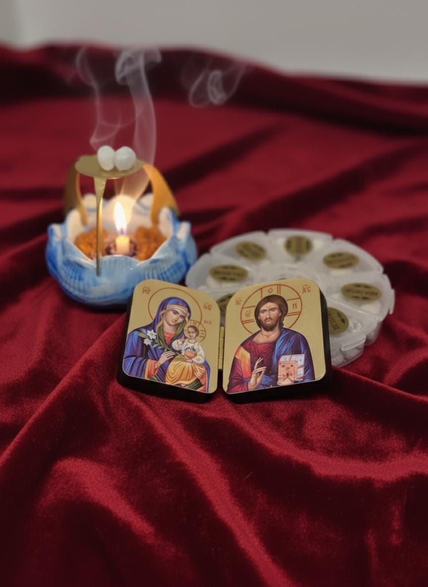 Home Incense Set – 8 Types of Athonite Incense, Candle Holder “Lotus”, Spider Stand & Folding Icon