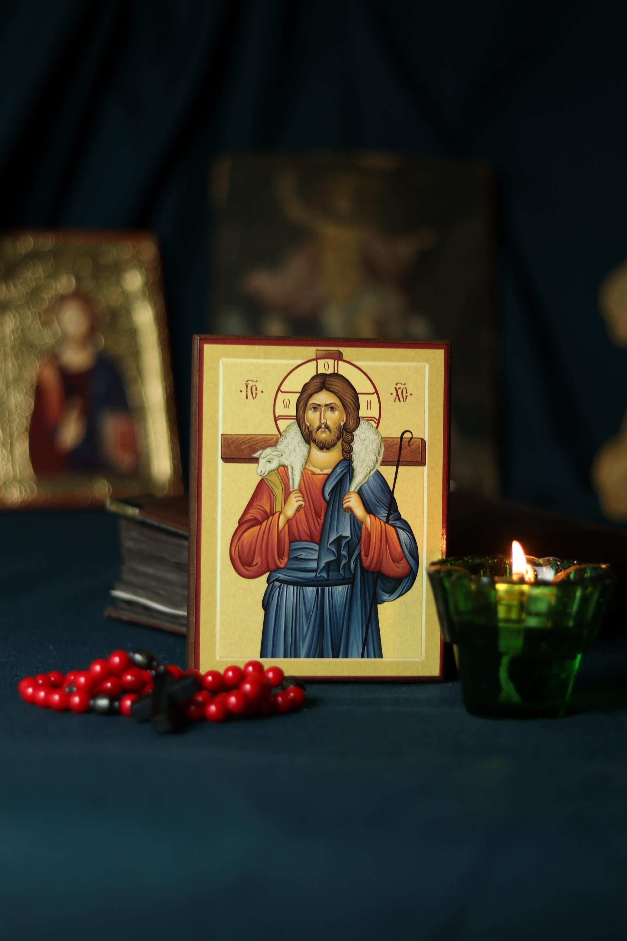 Wooden Icon , Good Shepherd Icon, Jesus Christ Icon, Orthodox Icon