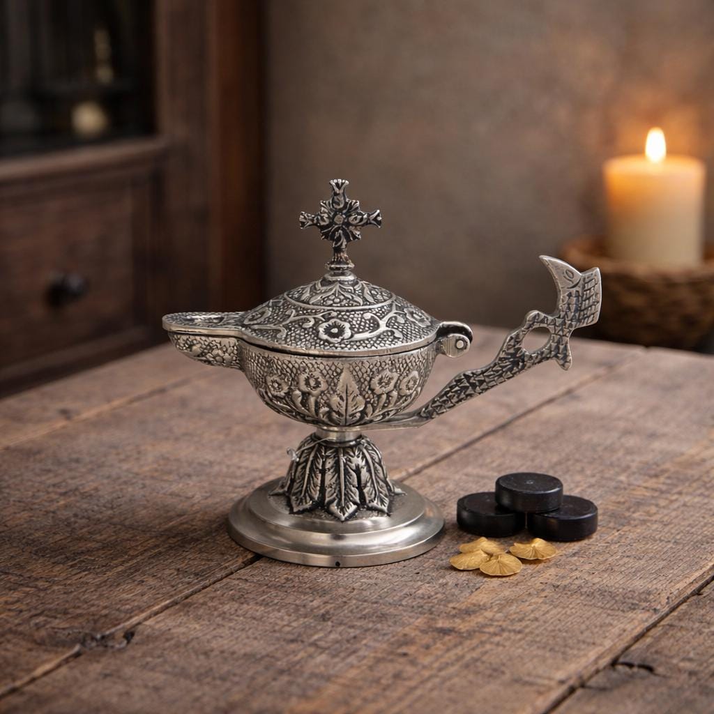 Orthodox Metal Incense Burner 6.3x5.1 in., Home Censer with Handle, Church Decor