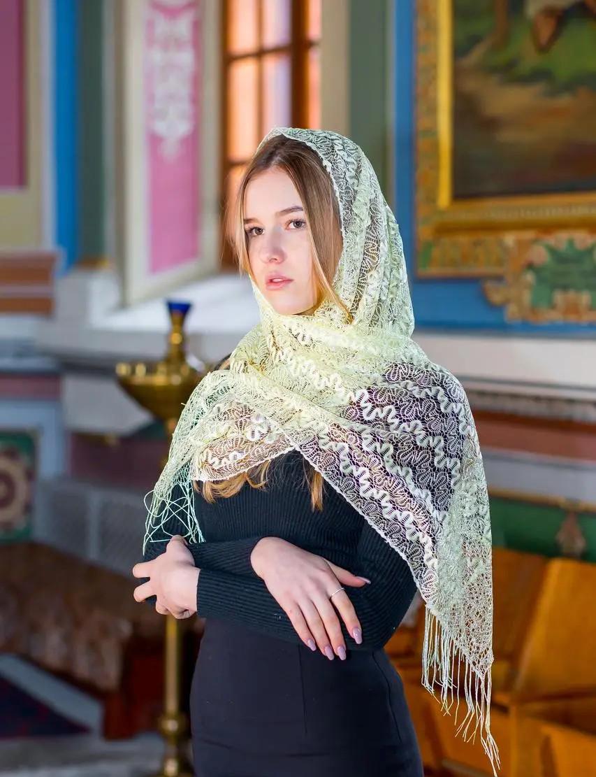 Yellow Church Headscarf 65x18 Inch, Women Lace Shawl, Orthodox Veil