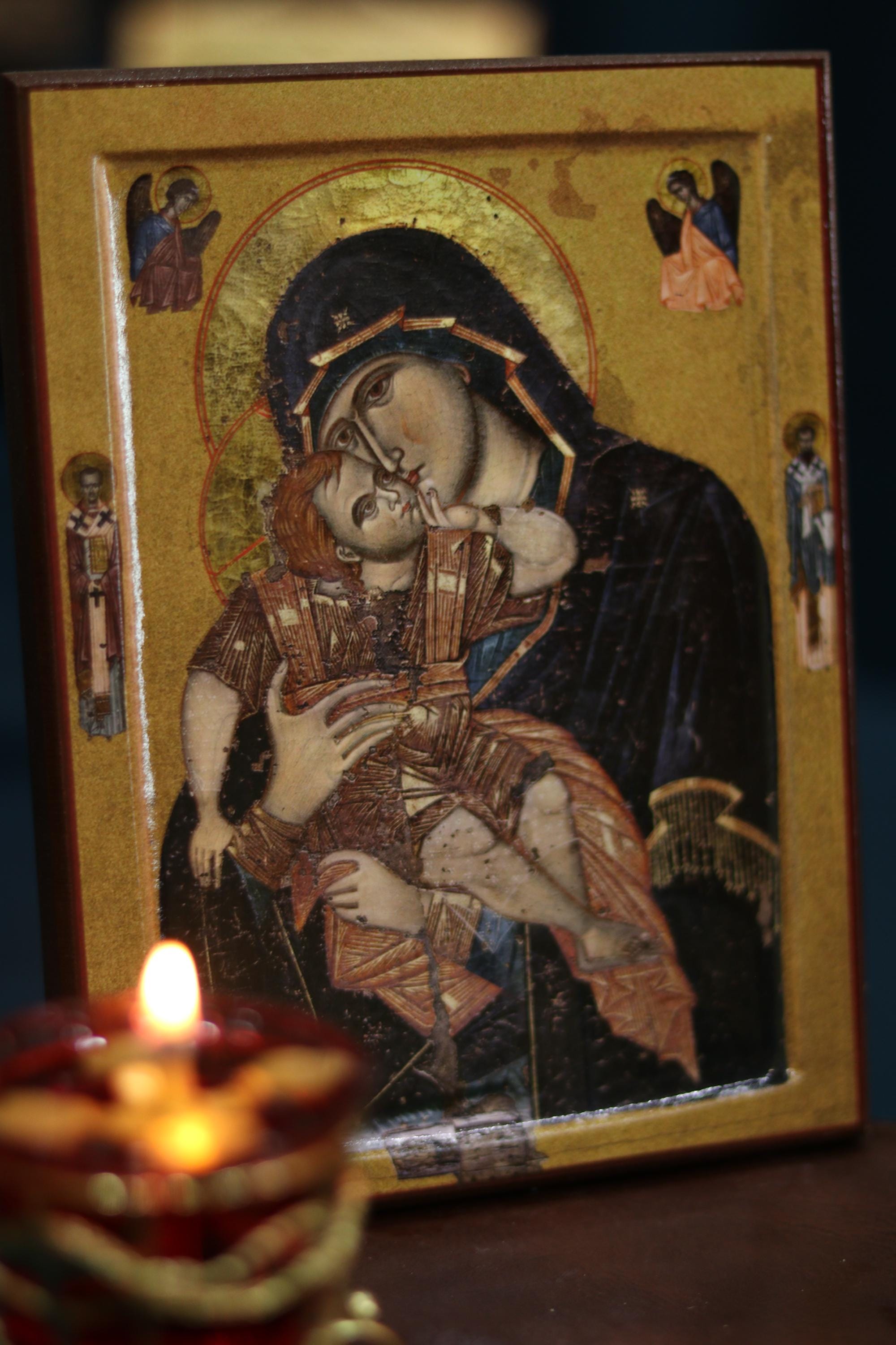 Sweet Kissing Mother of God Icon Orthodox Wooden 7.9x5.9in