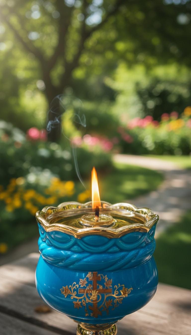 Ceramic Table Oil Lamp 5.5in Blue. Set includes: Lamp body, glass insert, float, 10 wicks