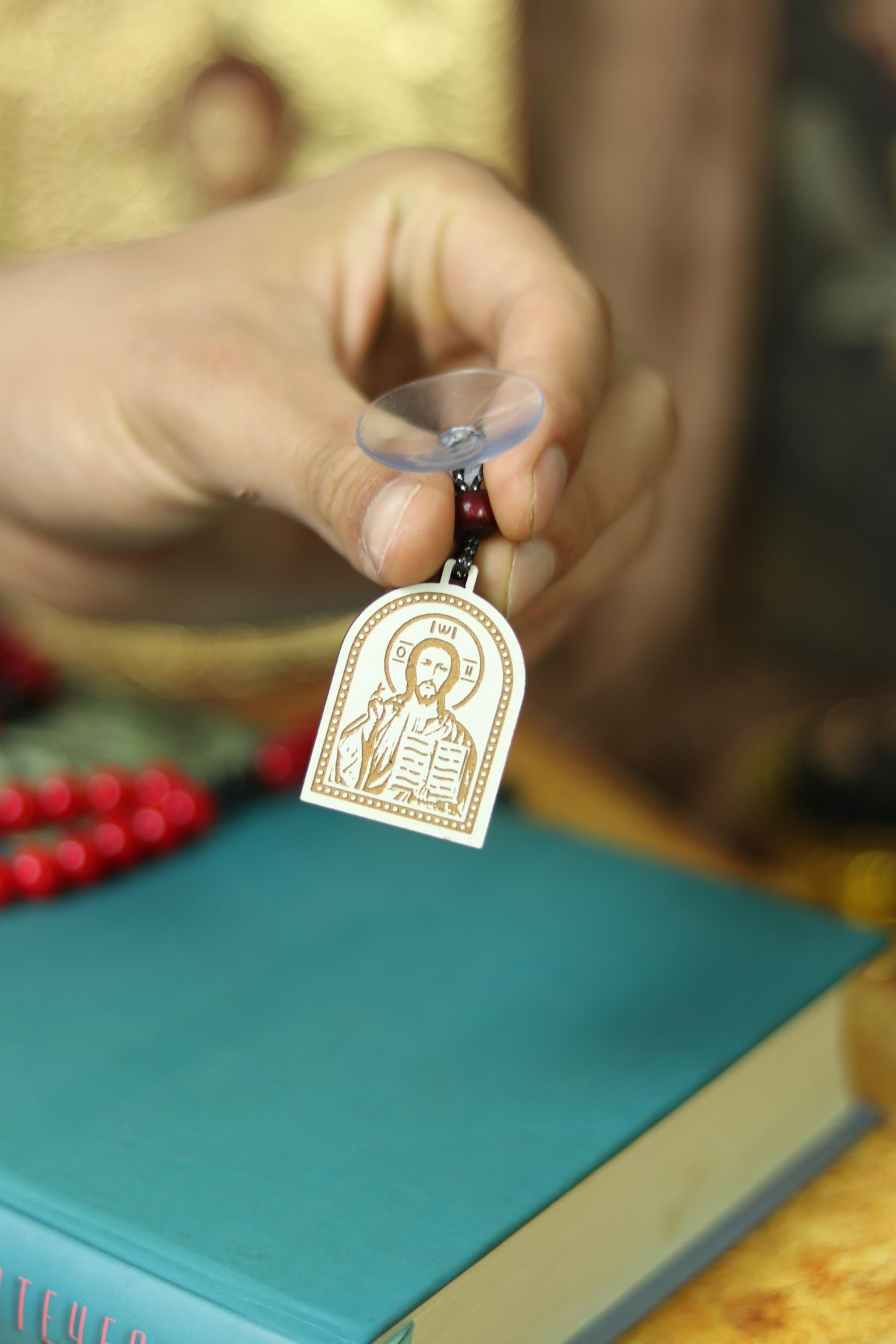 Car Charm Icon “Jesus & The Holy Virgin Mary” – Blessed Orthodox Wooden Pendant with Suction Cup, 3x4.5 cm