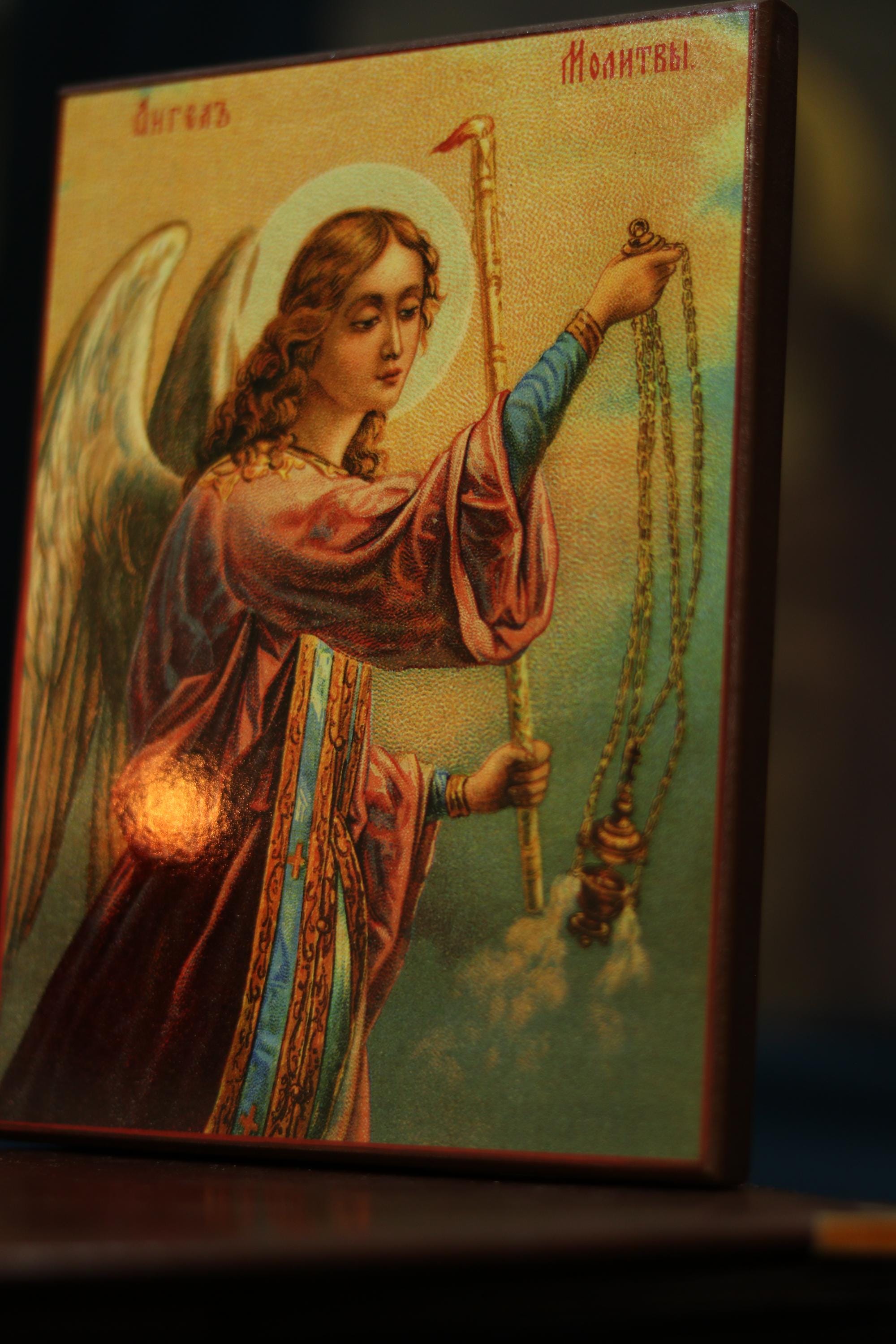 Guardian Angel Icon 6.3 in, Wooden Orthodox Angel of Prayer Christian Icon
