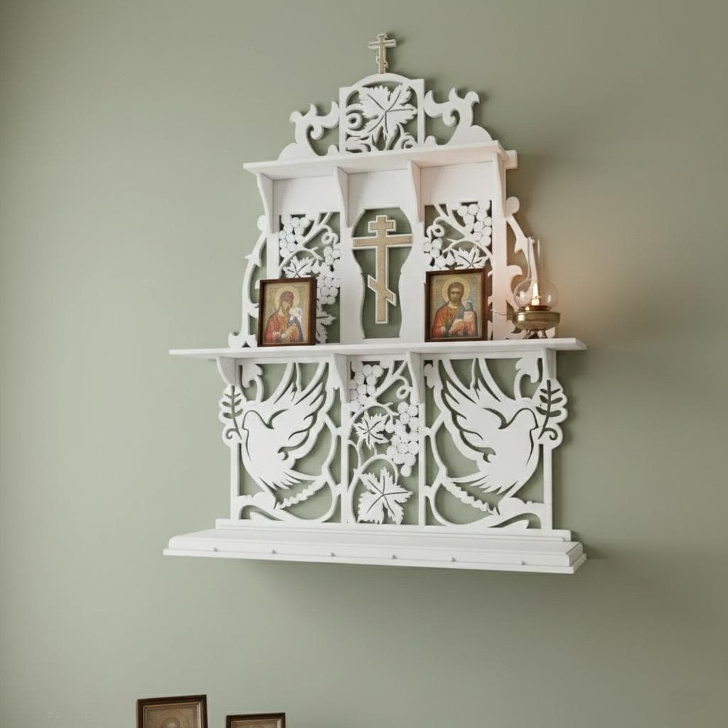 Birch Plywood Iconostasis 31.9 in, Orthodox Home Icon Stand, Prayer Corner Shelf