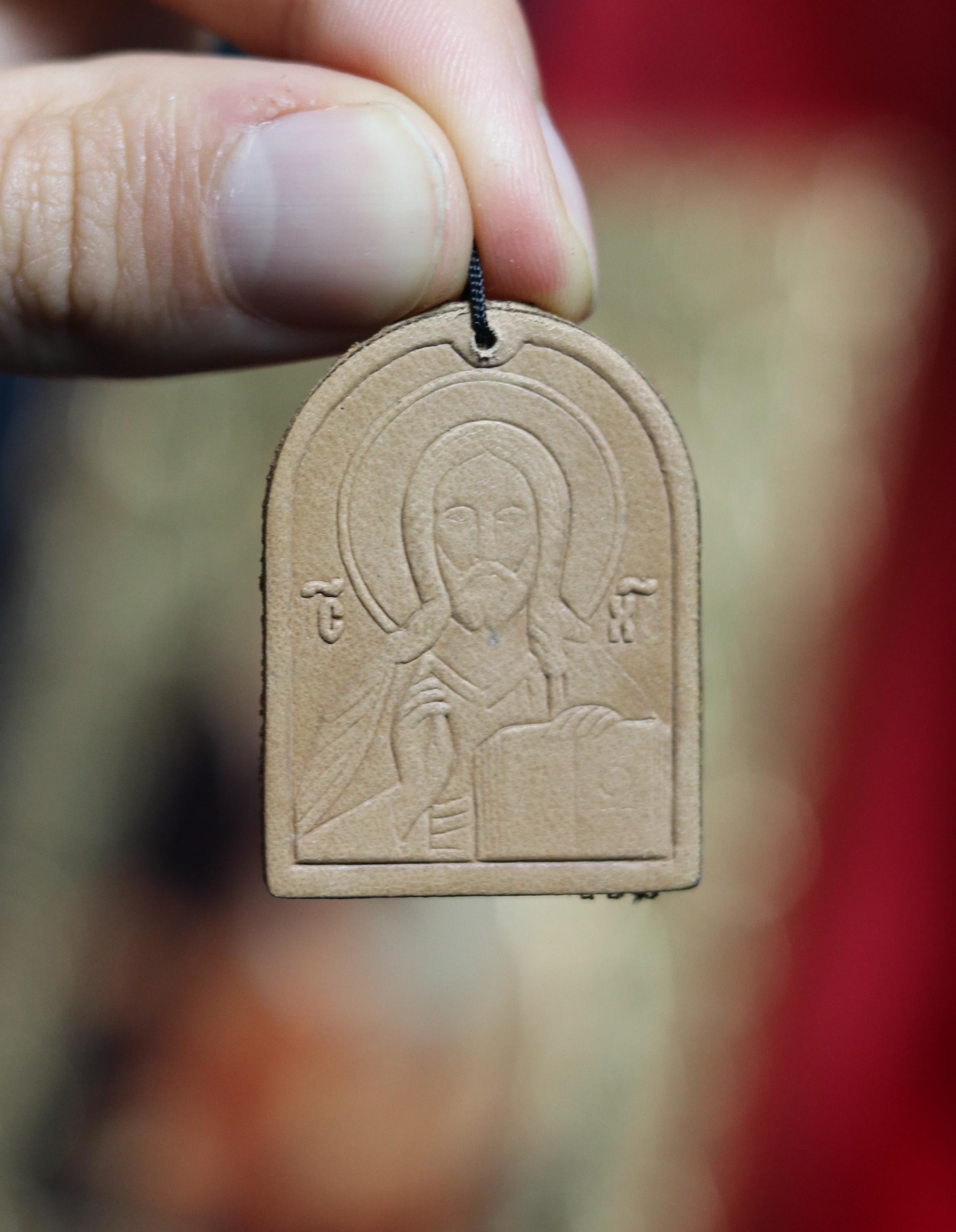 Orthodox leather Pendant Icon, Jesus Christ Blessing – Handmade Pocket Icon – Christian Gift – Small Travel Icon – Religious Amulet Necklace