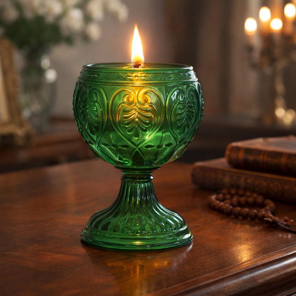 Orthodox Green Glass Oil Lamp 2.56 in, Prayer Candle Holder