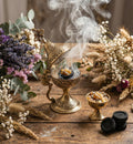Incense set: 5.5-inch engraved metal censer, 50 grams of Greek incense, 6 tablets of charcoal.