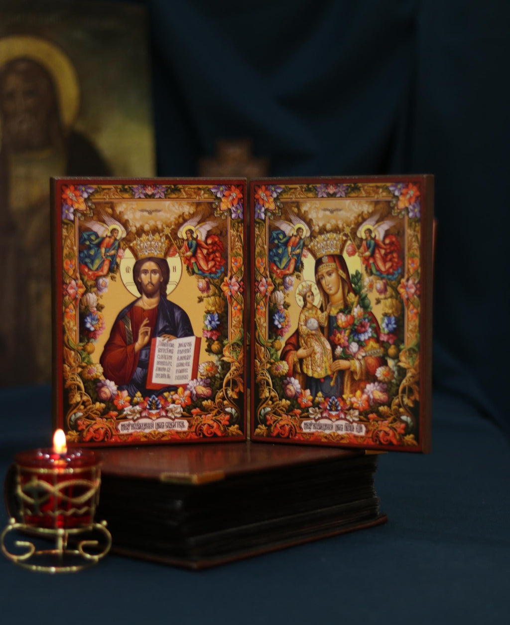 Unfading Flower Icon Set Mother of God Jesus Wooden Orthodox 6.3x4.7in