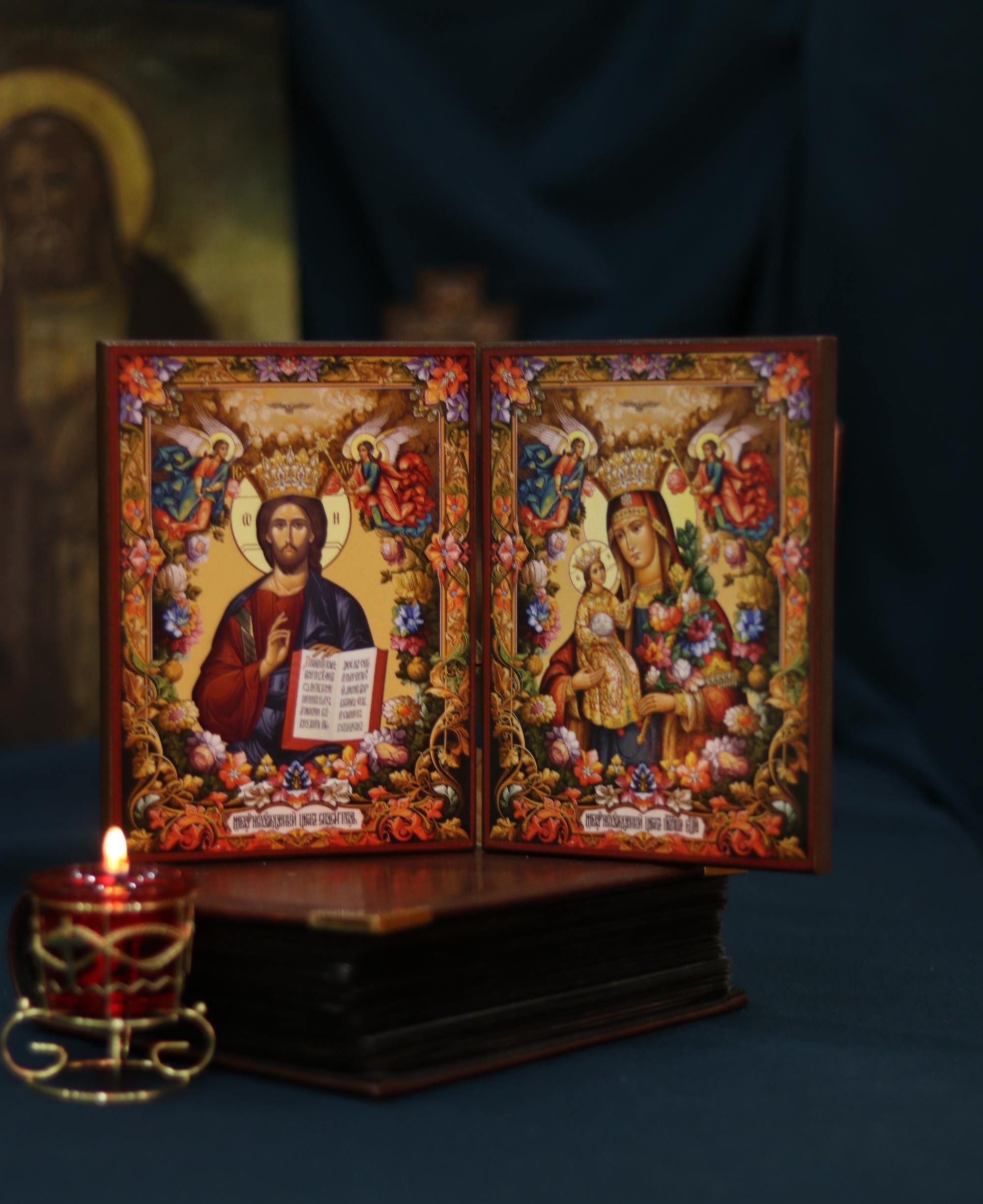 Unfading Flower Icon Set Mother of God Jesus Wooden Orthodox 6.3x4.7in