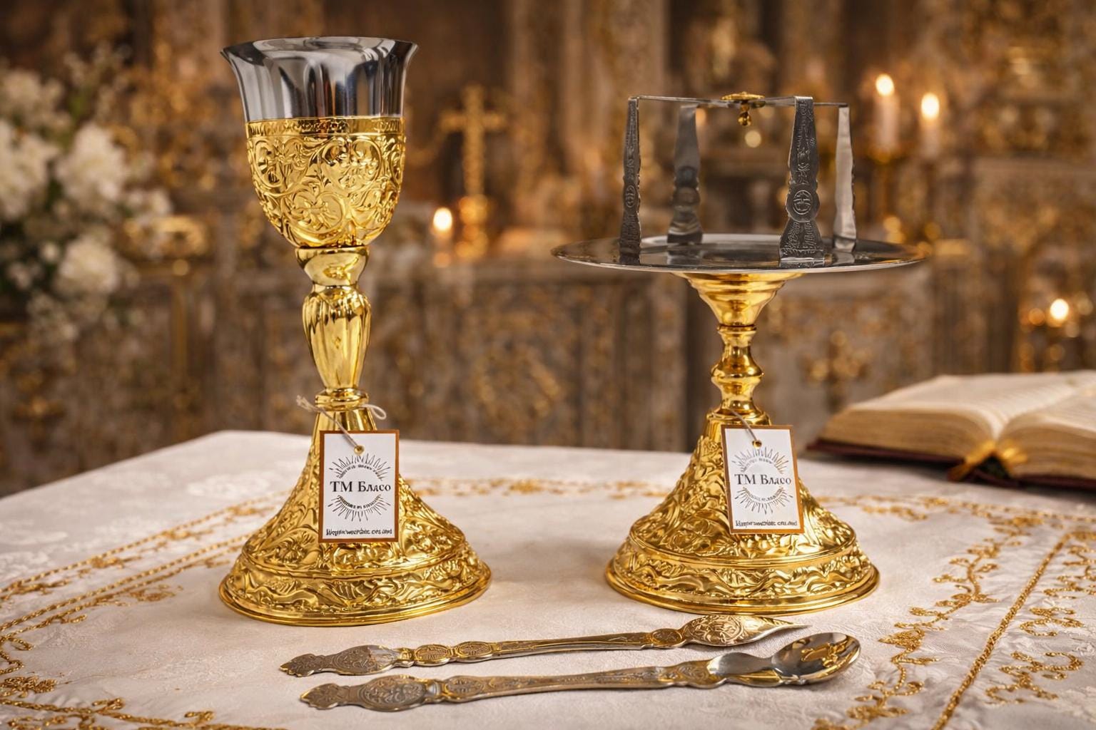 Brass Silumin Eucharist Set 300ml Chalice Diskos Set, Orthodox Communion Set, Spoon Spear Set