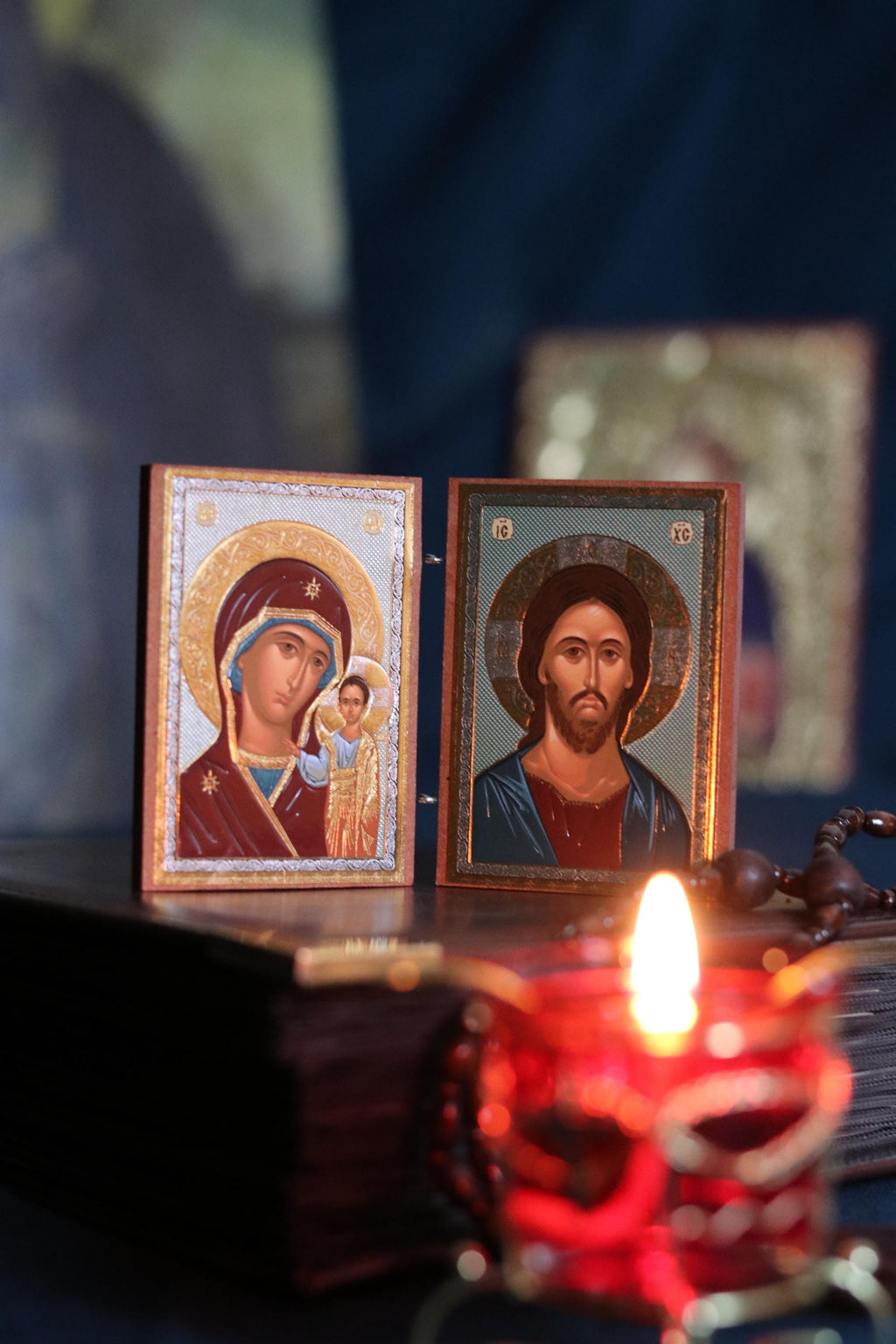 Wooden Orthodox Folding Icon 3.5in, Travel Diptych, Virgin Mary And Jesus Christ, Pocket Icon