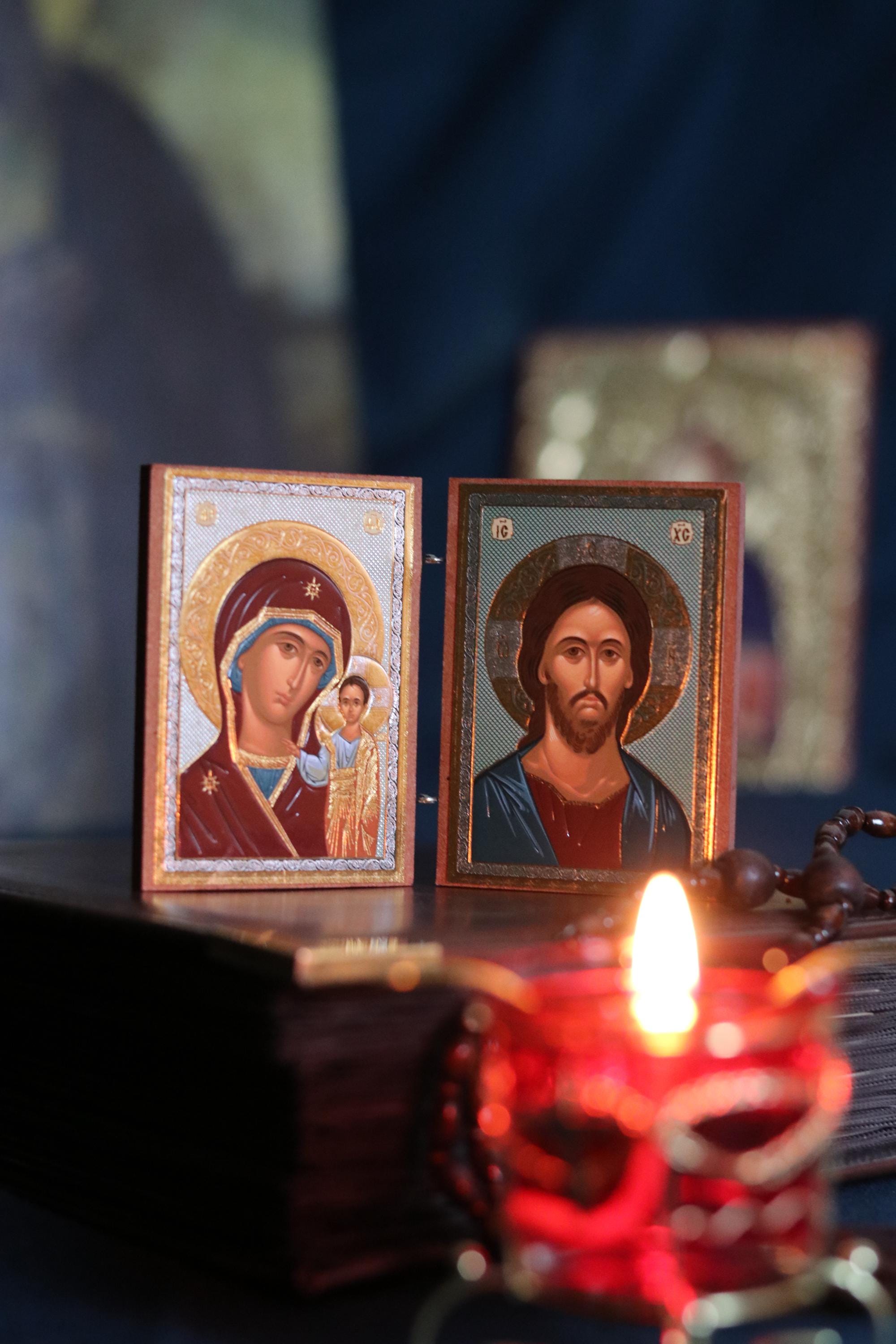 Wooden Orthodox Folding Icon 3.5in, Travel Diptych, Virgin Mary And Jesus Christ, Pocket Icon