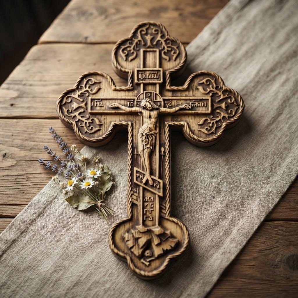 Orthodox Wooden Crucifix, Handcrafted Beech Wood Cross