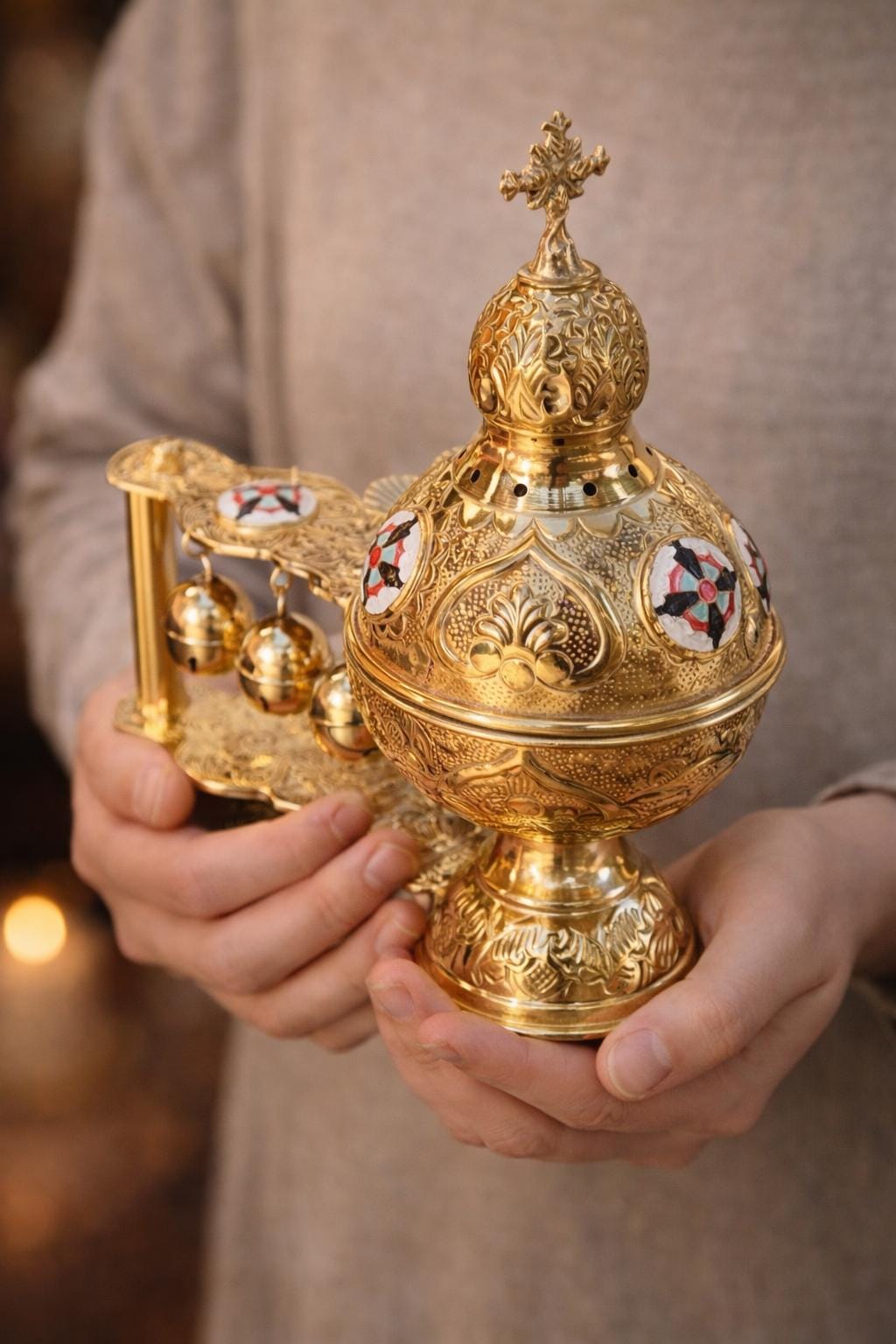 Orthodox Censer Nickel Plated 9.4 Inch, Church Incense Burner with Enamel