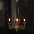 Brass Four-Light Hanging Lampada, Orthodox Chandelier, Greek Church Lamp