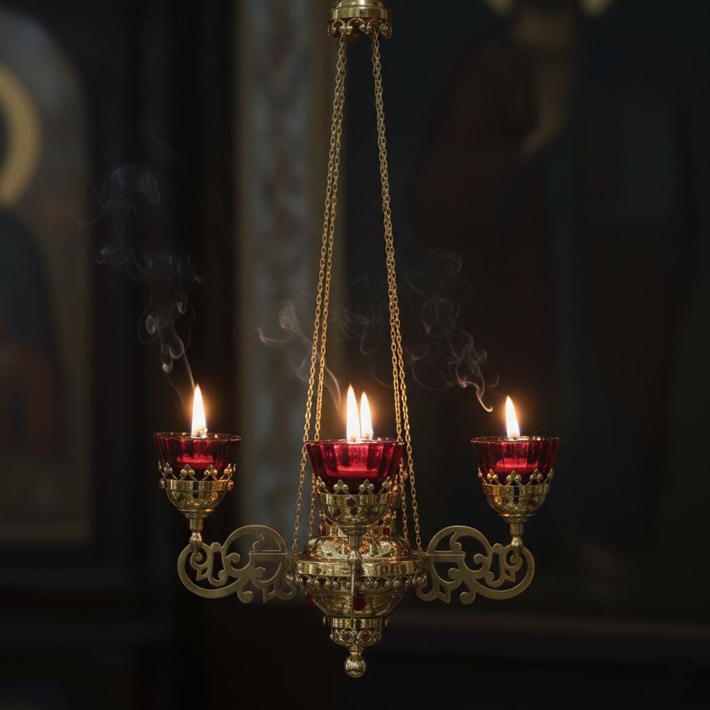 Brass Four-Light Hanging Lampada, Orthodox Chandelier, Greek Church Lamp