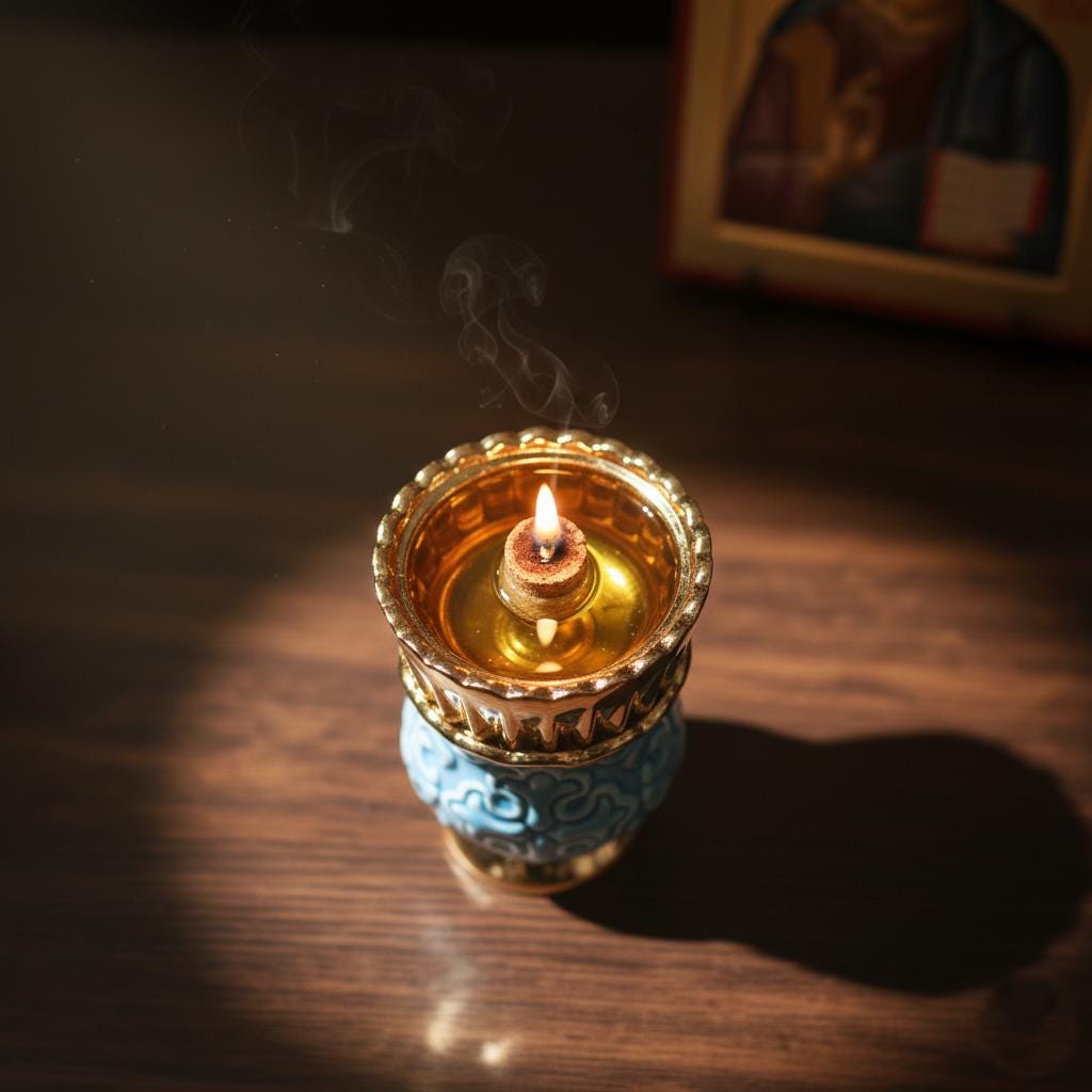 Blue Ceramic Lamp Set 2.17×4.33 in, with 10 Wicks & Floater, Orthodox Lamp, Icon Lamp, Prayer Light, Religious Decor