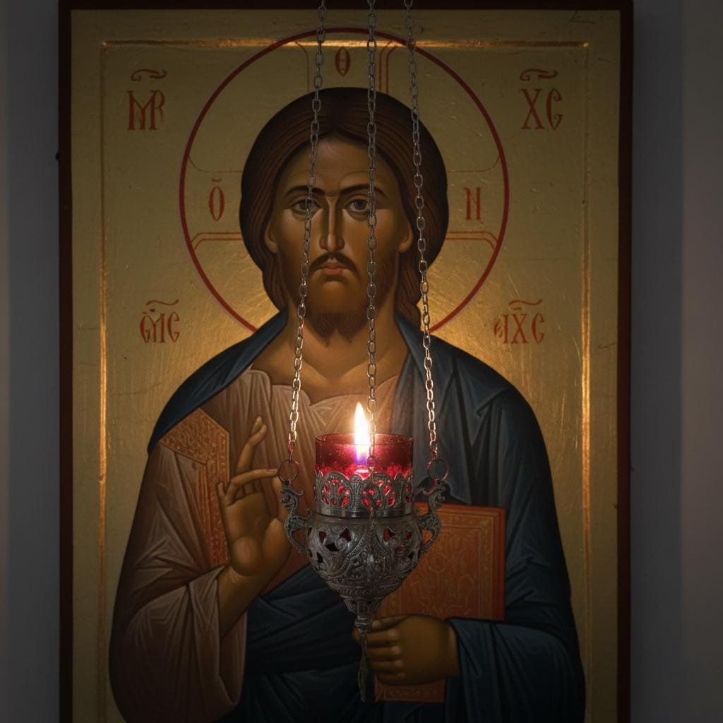 Hanging Lampada 4.7x2.6 in, Chain 15.7 in, Glass Lampada, Orthodox Icon Lamp