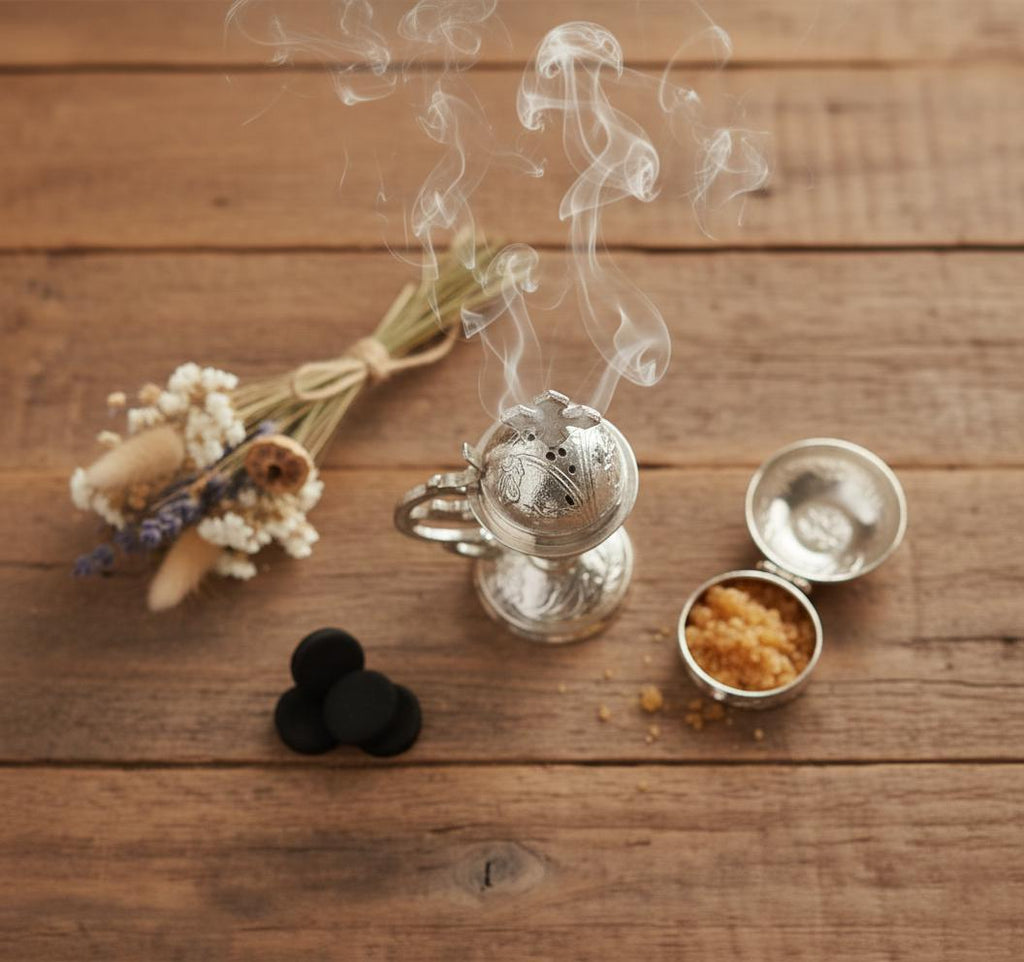 Orthodox Prayer Set: 5.5 in × 3.1 inch gold metal censer, 50 grams of incense, 6 charcoal tablets.