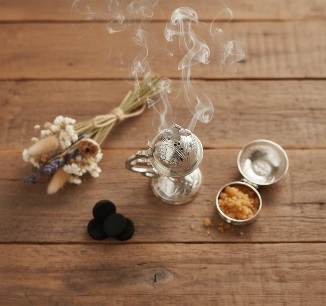 Orthodox Prayer Set: 5.5 in × 3.1 inch gold metal censer, 50 grams of incense, 6 charcoal tablets.
