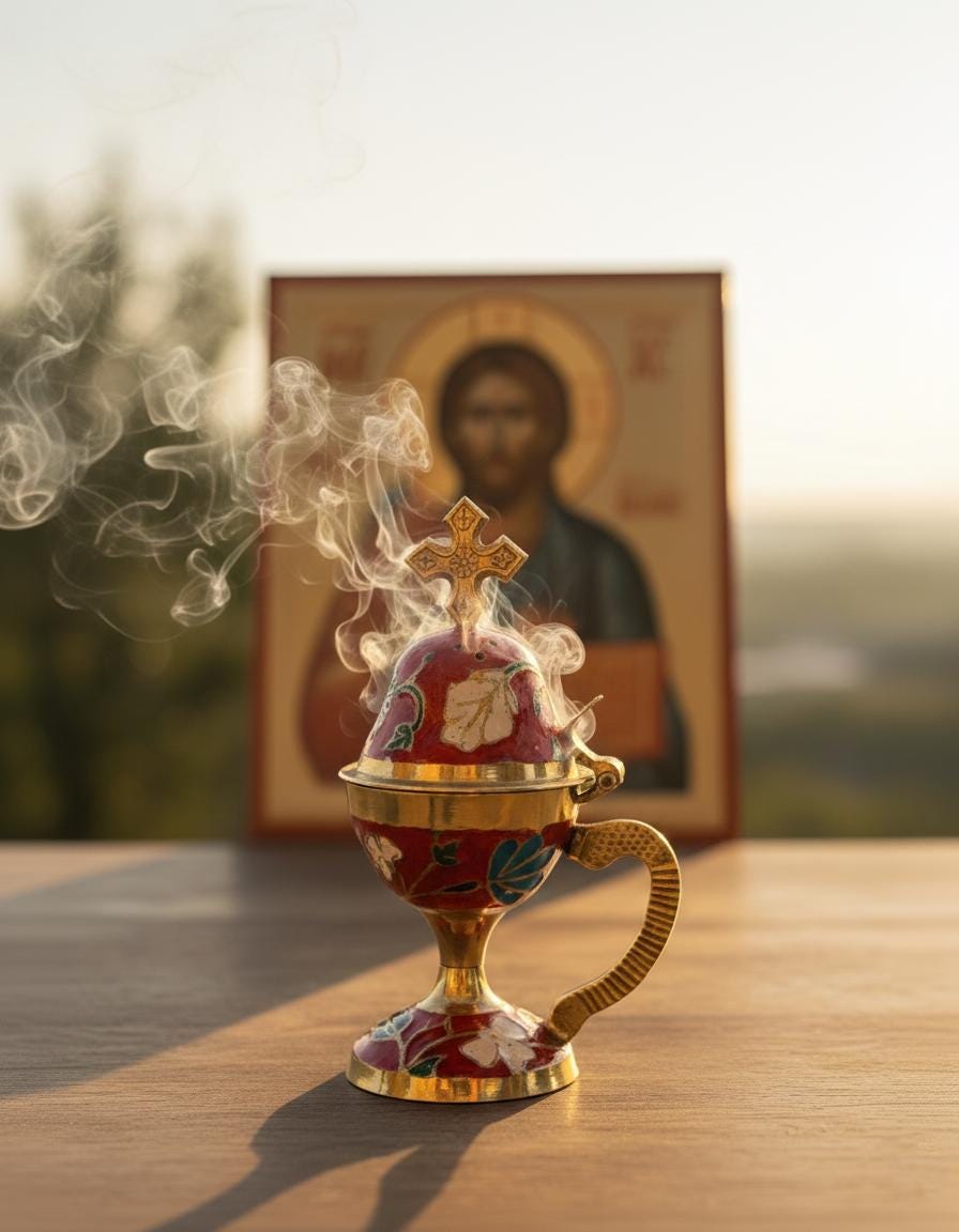 Incense burning set: metal enamel censer 5.9 in, 50 grams of Greek incense, 6 coals 24 mm.