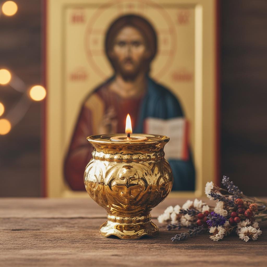 Gold Table Oil Lamp 3.7 in, Home Altar Light with Wicks & Float.