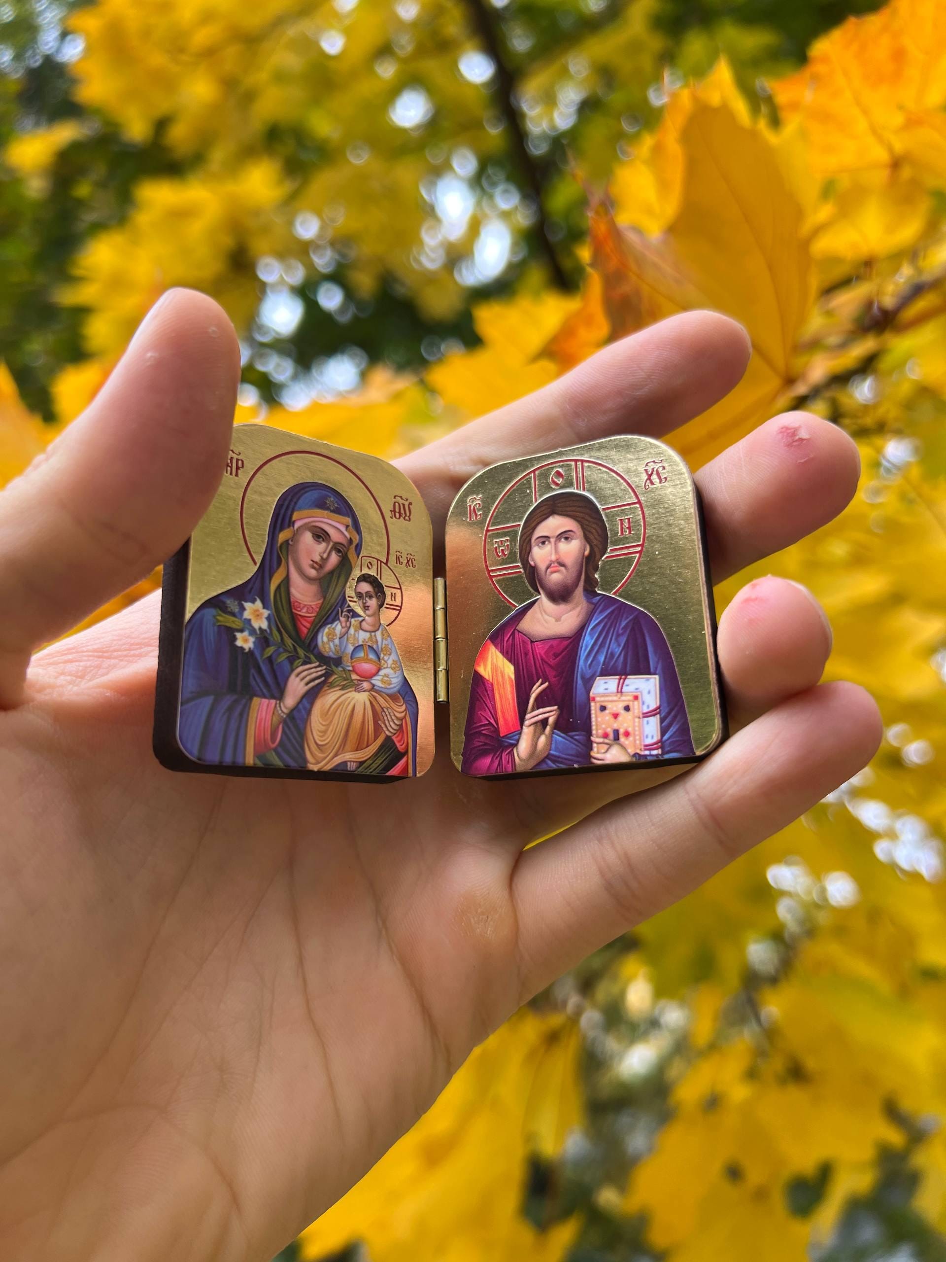 Wooden Orthodox Icon Diptych Virgin Mary Jesus Christ 1.8in Folding Icon