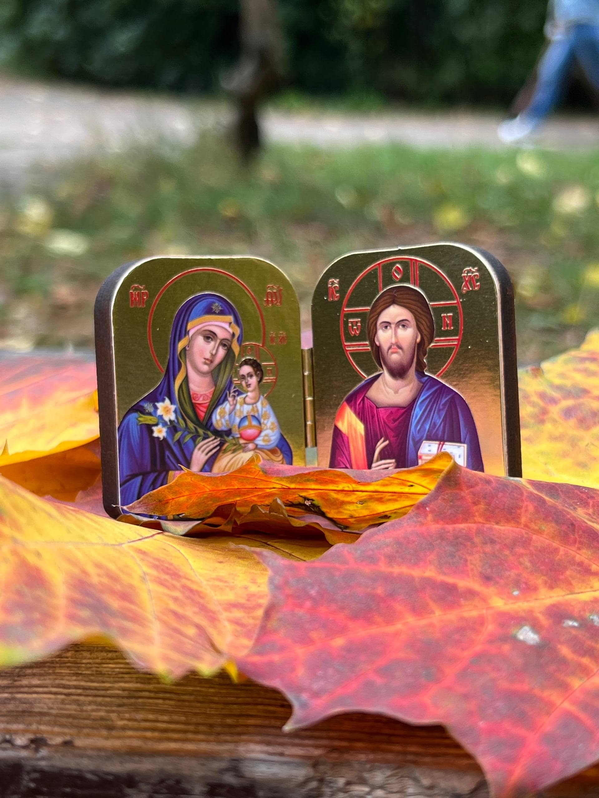 Wooden Orthodox Icon Diptych Virgin Mary Jesus Christ 1.8in Folding Icon
