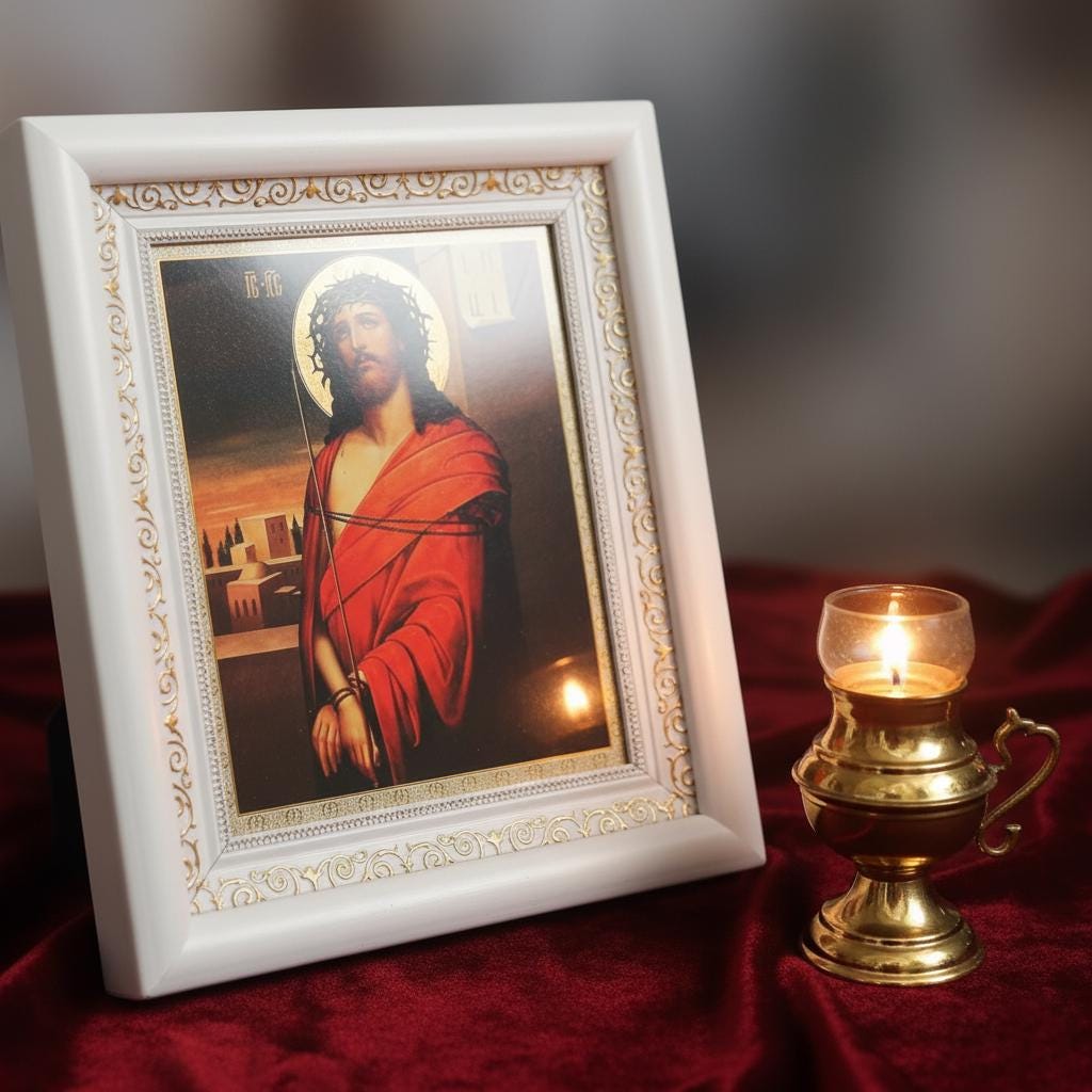 Orthodox Icon Jesus Christ 15x18 cm in White Wooden Kiot 21x24 cm, Hanging Icon, Orthodox Christian Gift, Icon in a Frame