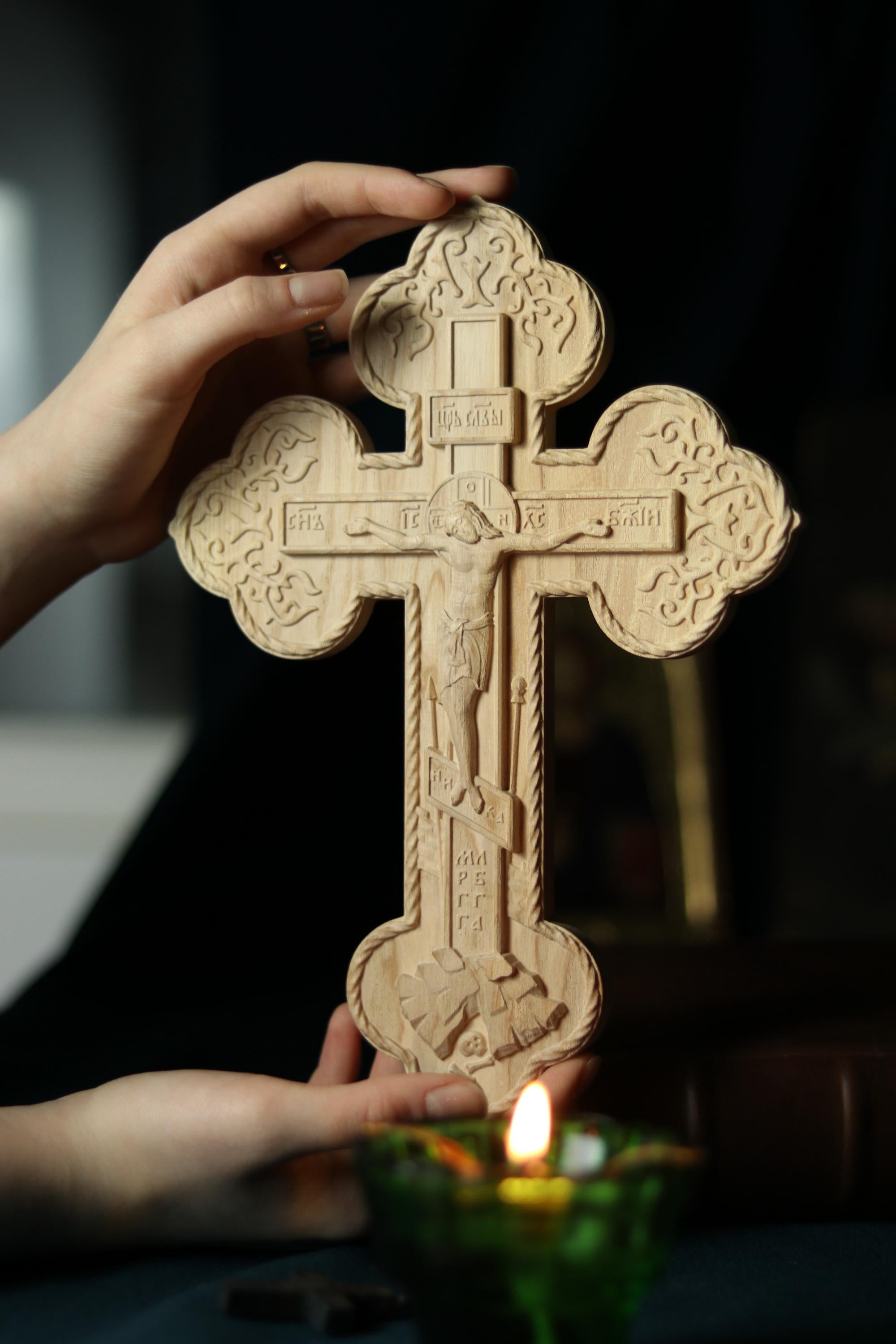 Wooden Orthodox Crucifix 11.8in, Beech Wood Cross, Cross of Lord Jesus Christ