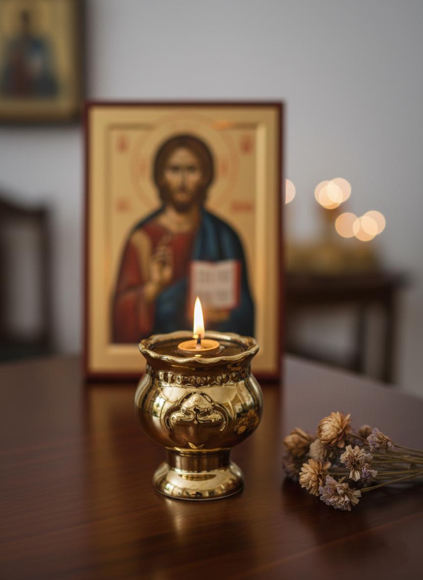 Gold Table Oil Lamp 3.7 in, Home Altar Light with Wicks & Float.