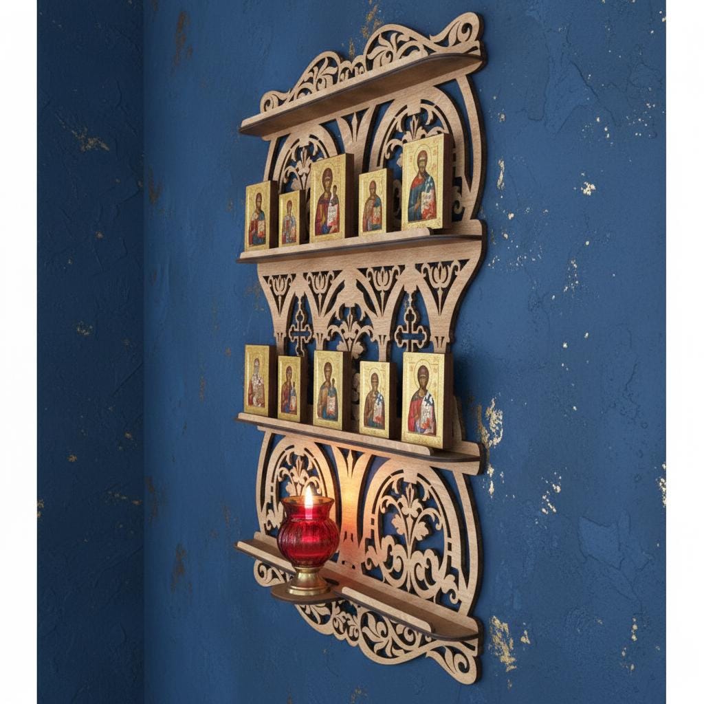 33.5 in Wooden Icon Shelf, Orthodox Iconostasis, Prayer Corner Shelf, Christian Wall Altar