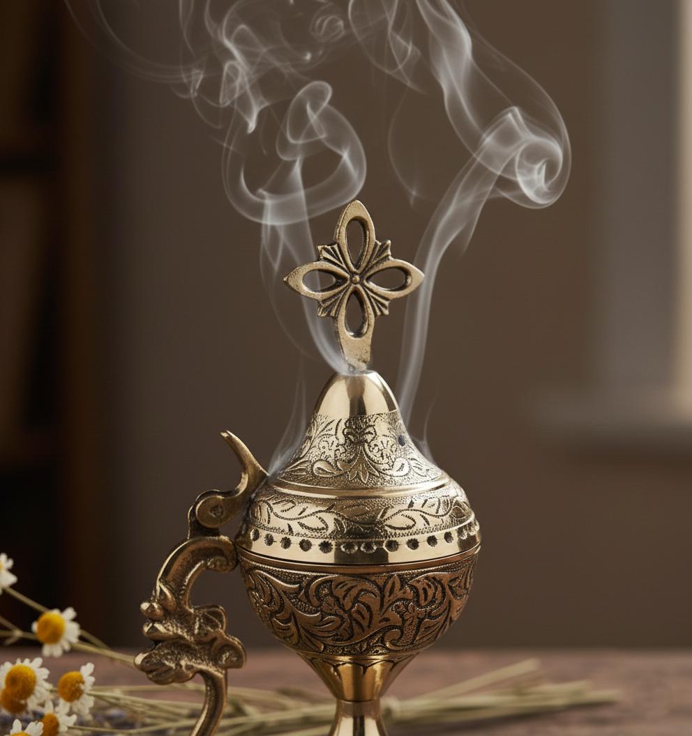 Orthodox Prayer Set: 5.5 in × 3.1 inch gold metal censer, 50 grams of incense, 6 charcoal tablets.