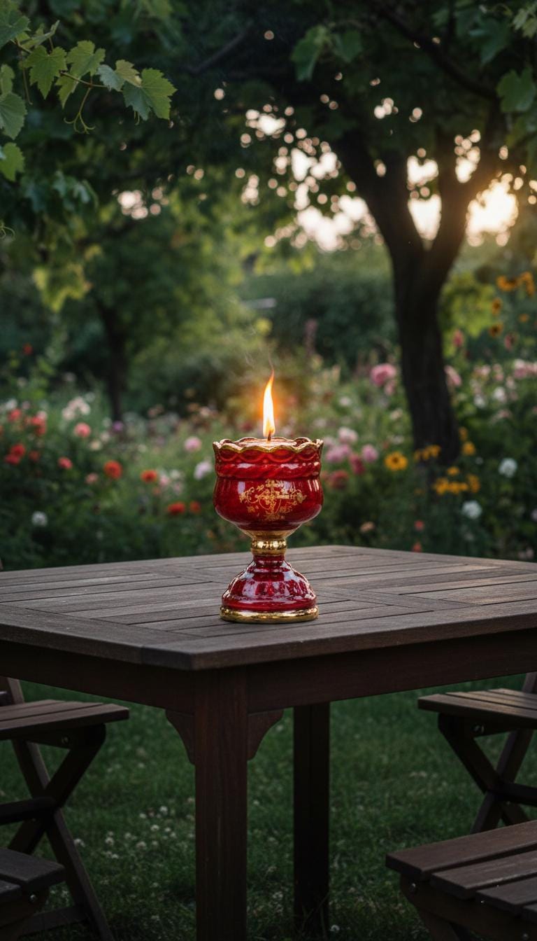 Christian Red Ceramic Table Oil Lamp 5.5in. Set Includes: Lamp, floating wick, wick holder