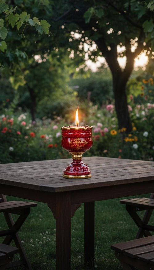 Christian Red Ceramic Table Oil Lamp 5.5in. Set Includes: Lamp, floating wick, wick holder