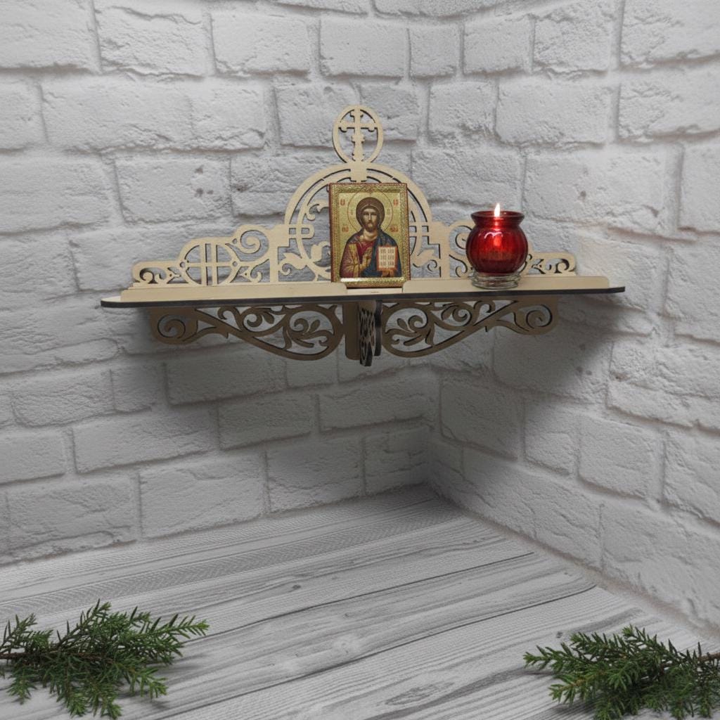 Wooden Icon Shelf 18.9 In, Orthodox Iconostasis Shelf, Prayer Corner, Christian Home Decor
