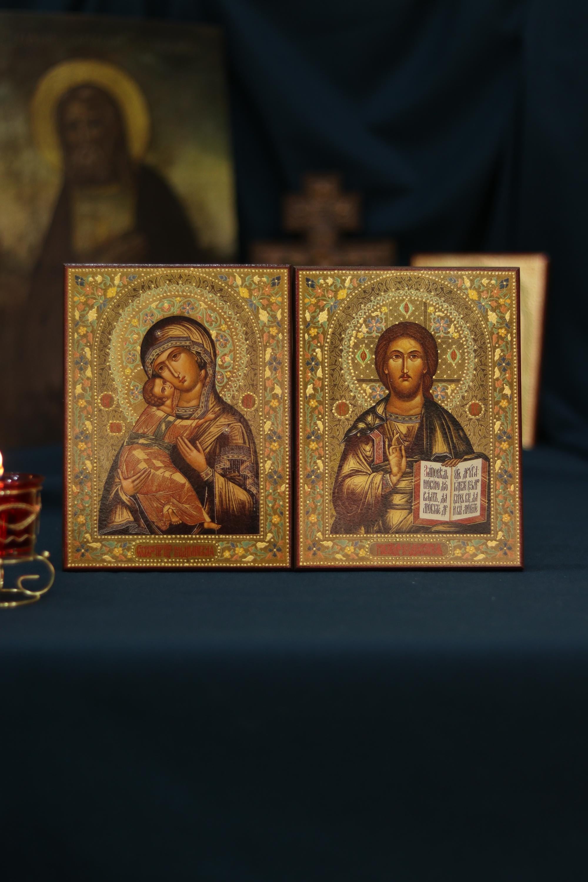 Wedding Icon Set Volodymyr Mary Jesus Pantocrator Wooden 6.3x4.7in