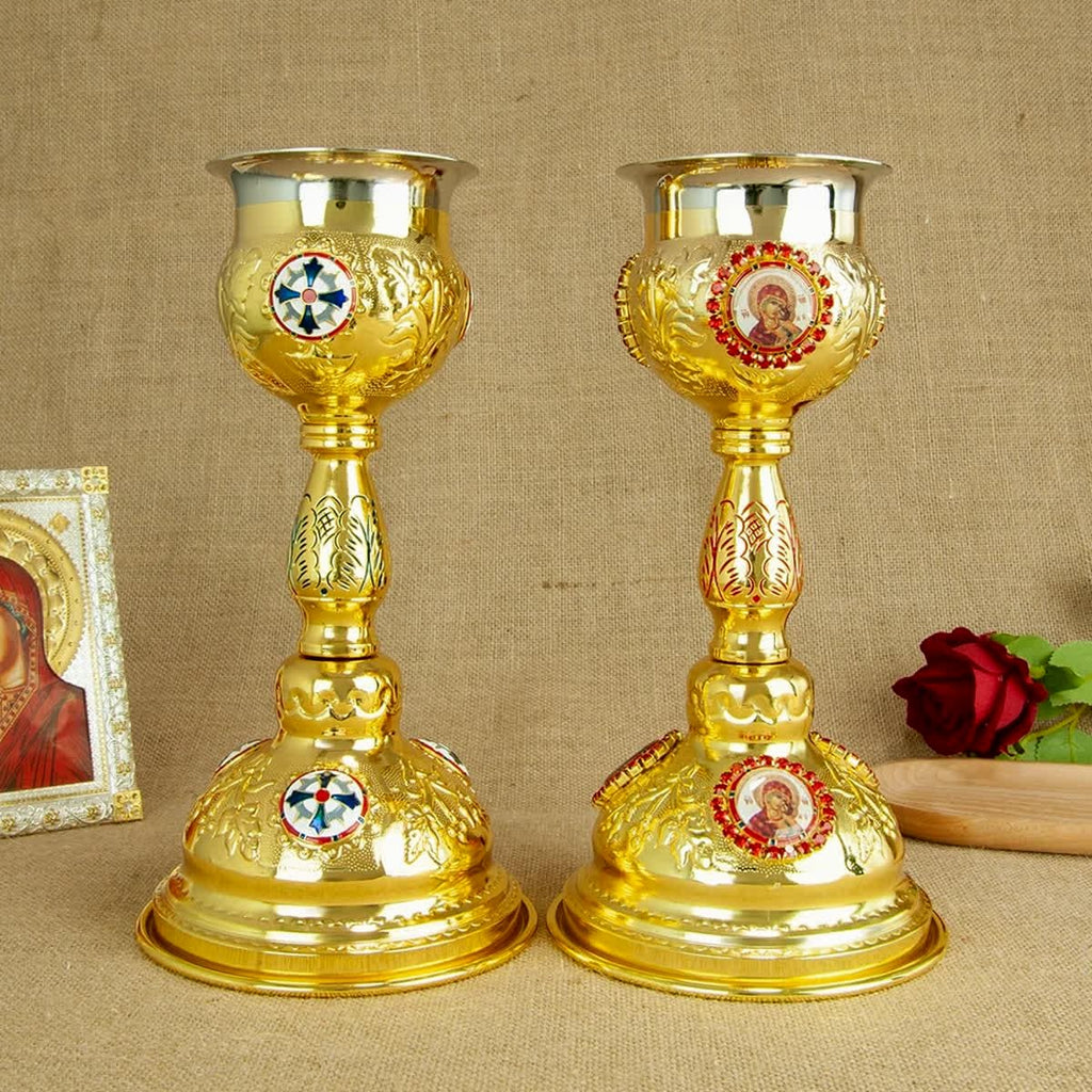 Orthodox Eucharistic accessories: chalice, paten, spoon, ewer. Holy Communion set.