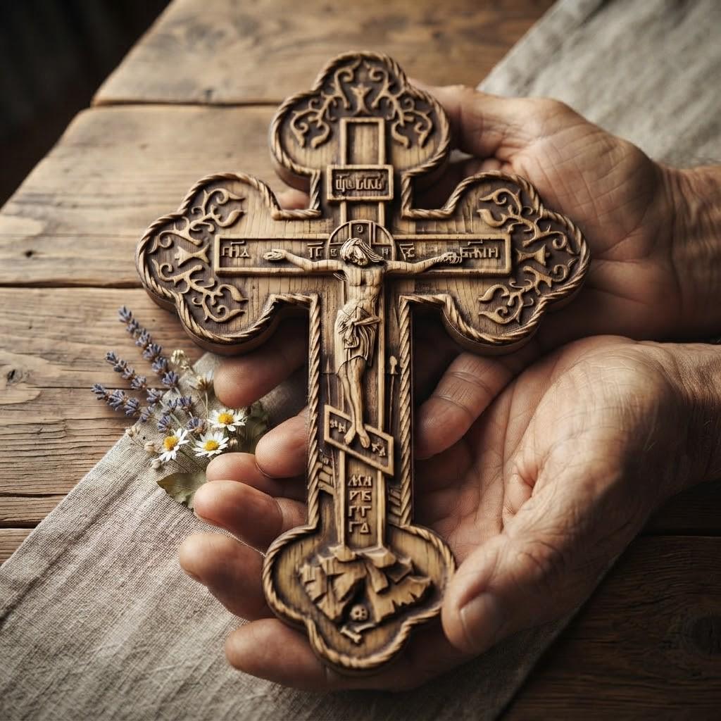 Orthodox Wooden Crucifix, Handcrafted Beech Wood Cross