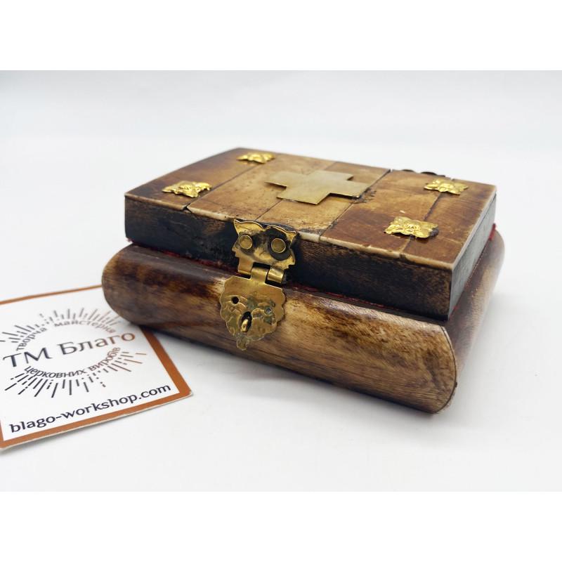 Wooden Religious Box with Lock Velvet Lined, Small Case 3.5 in
