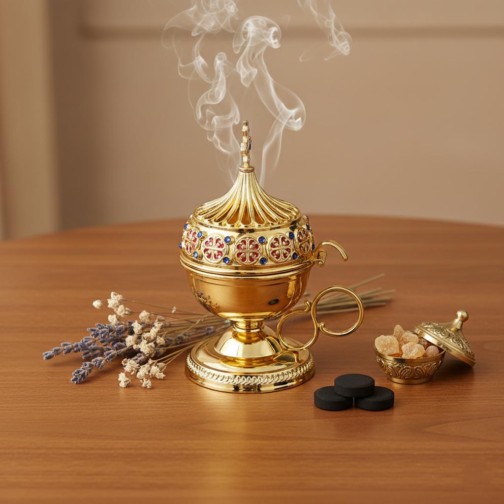 Christian incense set: censer, 50 grams of Greek incense and 6 tablets of charcoal.