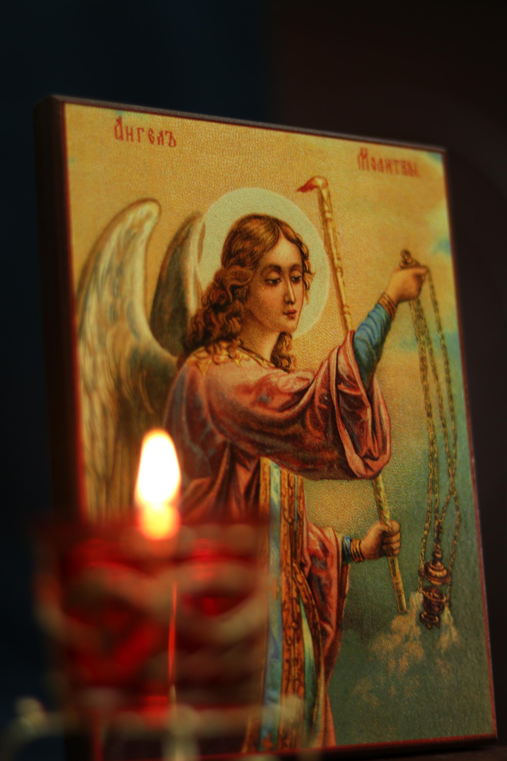 Guardian Angel Icon 6.3 in, Wooden Orthodox Angel of Prayer Christian Icon