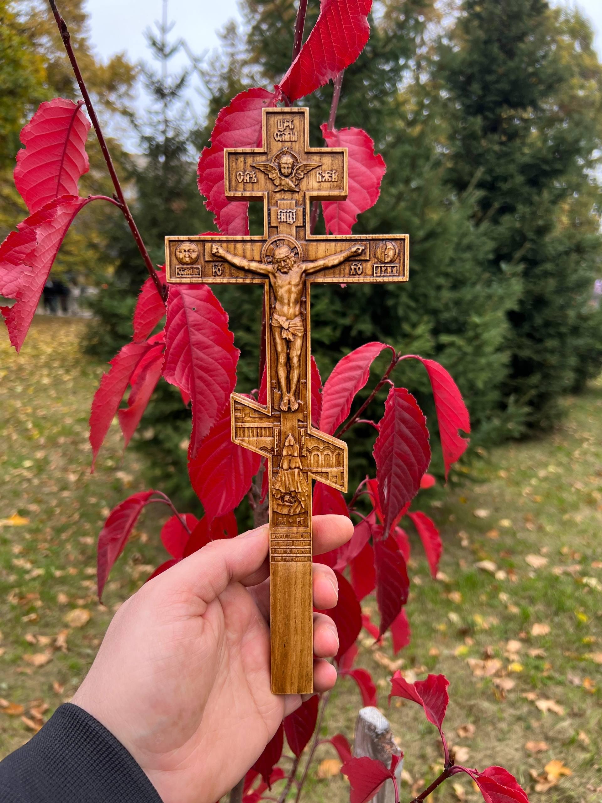 Orthodox Wooden Wall Cross 11.8x4.6in, Hand Carved Oak Ash Crucifix, Christian Cross, Orthodox Cross, Church Wall Hanging, Religious Decor