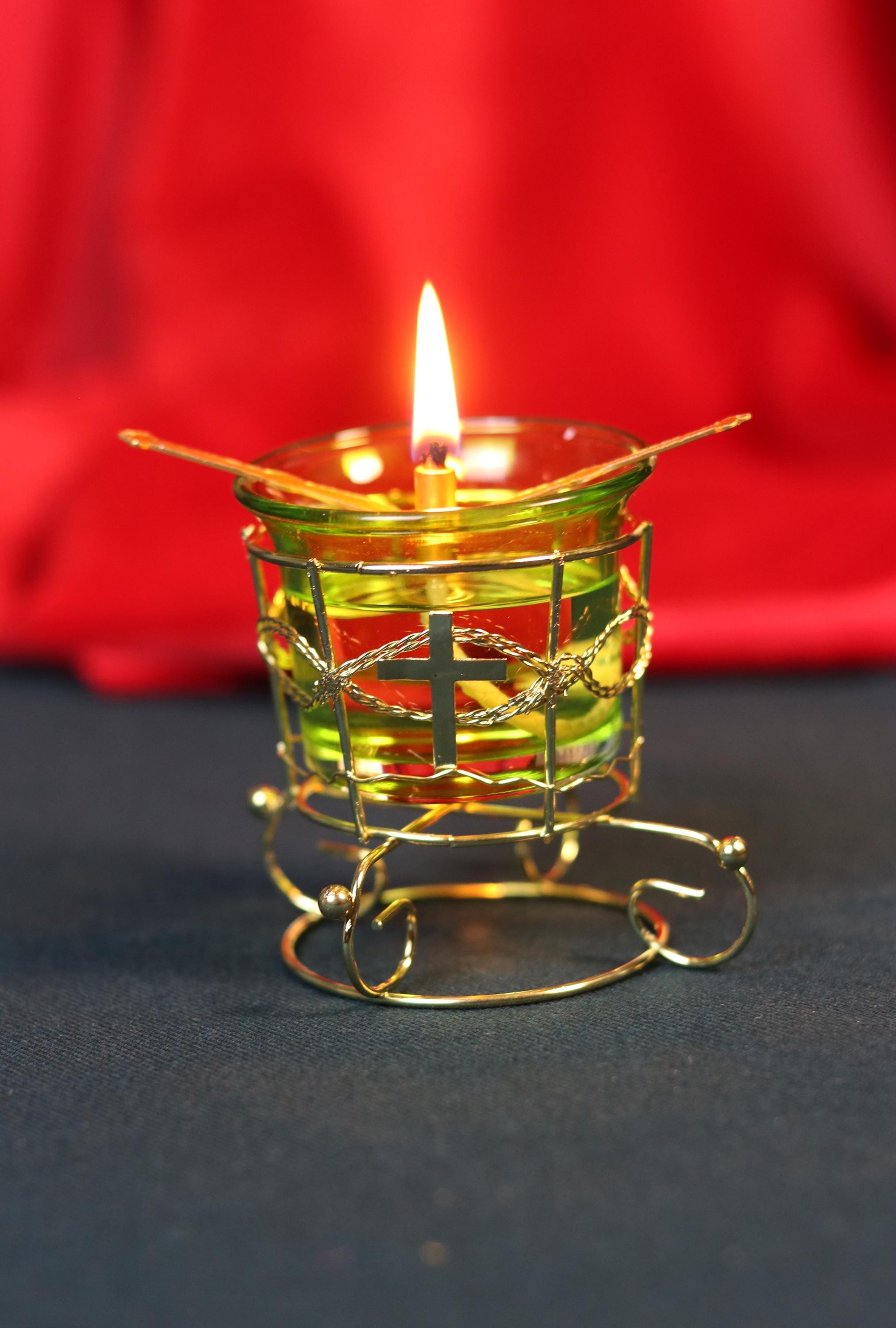 Green Glass Oil Lamp in Metal Stand 2in  – Orthodox Candle Holder for Prayer, Aromatherapy, Altar Decor, Christian Gift, Orthodox prayer
