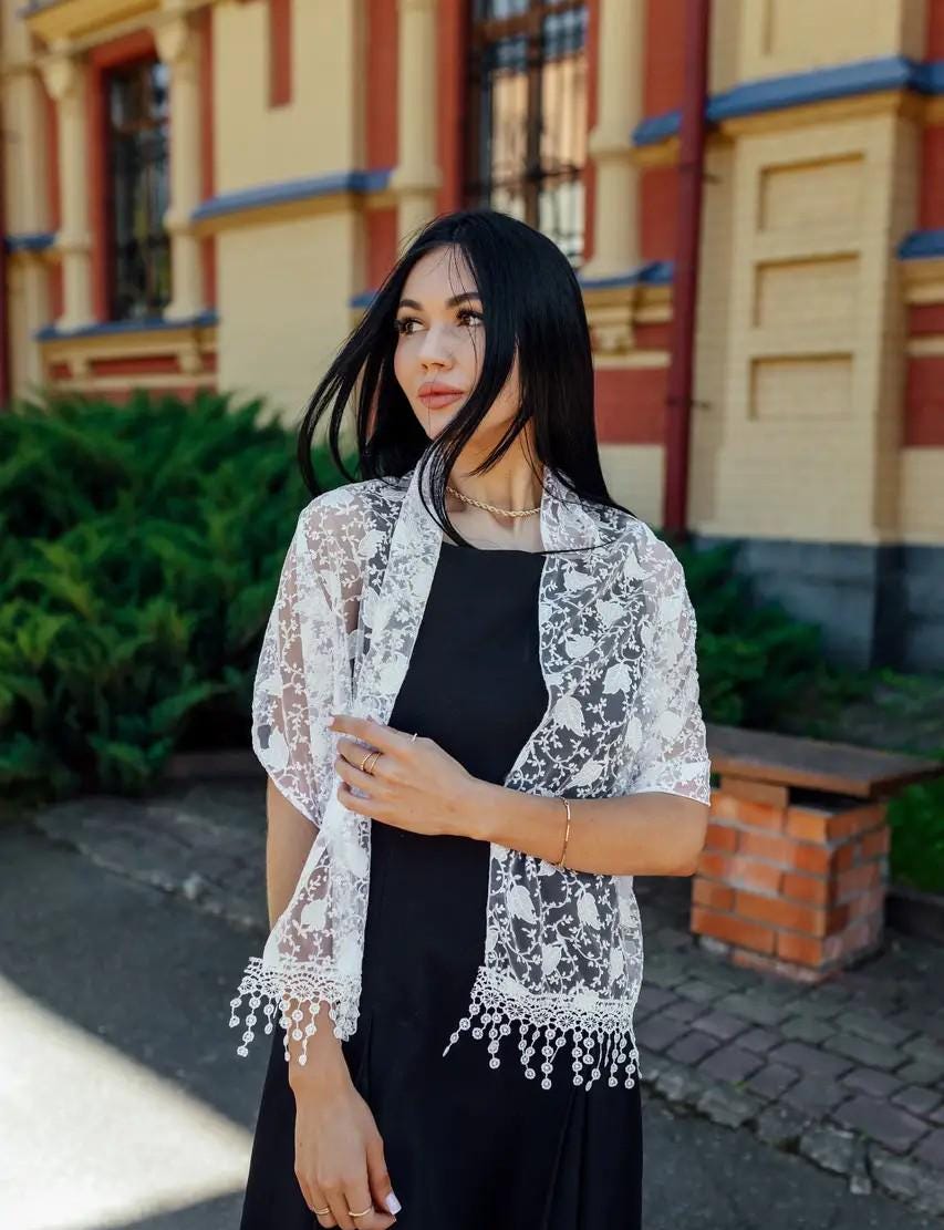 White Chiffon Women Scarf, 61x20 Inch, Floral Lightweight Shawl, Elegant Summer Scarf
