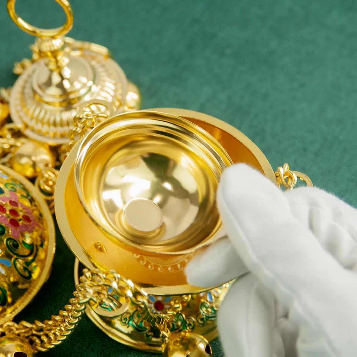 Orthodox Hanging Censer 25.2in | Brass Church Incense Burner with Bells | Enamel Design